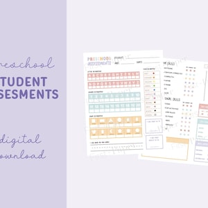 Avaliações pré-escolares - Somente download digital - Idades de 2 a 5 - Relatório de progresso para áreas de desenvolvimento - Relatórios de alunos - Cores pastel