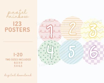 Pastel Rainbow Number Posters - Digital Download Only - 1-20 (x2) - Rainbow Colors & Patterns - Classroom Decor - Two sizes Per Letter