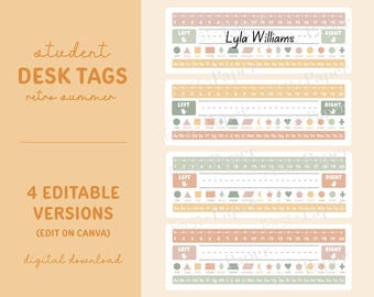 Student Desk Tags - EDITABLE FILE With Canva - Digital Download Only - Retro Summer Colors - Includes Shapes - Numbers - Letters and Name