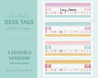Student Desk Tags - EDITABLE FILE With Canva - Digital Download Only - Playroom Pop Colors - Includes Shapes - Numbers - Letters and Name