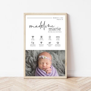 The Day You Were Born Poster - Baby Photo + Birth Stats Art - Personalized Nursery Decor - Custom Poster - New Baby Gift - Modern Minimalist