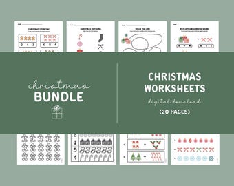 Christmas Worksheets - Digital Download Only - Preschool - Letter Practice - Tracing - Counting - Matching - Cutting - Coloring