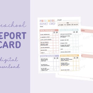 May include: A printable preschool report card template with sections for social, physical, emotional, and school readiness development. The template has a colorful design with pink, blue, and yellow accents.