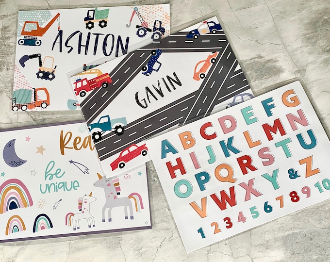 Personalized Placemats Kids Placemats Activities on Back Unicorns Cars, Trucks, Cactus, Alphabet