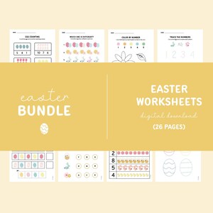 May include: A digital download of Easter worksheets. The image shows various pages with activities such as egg counting, colour by number, and tracing numbers. The text "Easter Bundle" and "Easter Worksheets" are displayed on a yellow background.