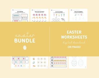 Easter/Spring Worksheets - Digital Download Only - Preschool - Letter Practice - Tracing - Counting - Matching - Cutting - Coloring