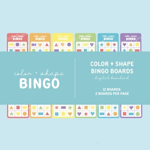 Könnte beinhalten: Zwölf druckbare Bingokarten mit verschiedenen farbigen Formen. Die Karten sind für ein Farb- und Formen-Bingo-Spiel konzipiert. Der Text auf dem Bild lautet "color + shape BINGO" und "12 BOARDS 2 BOARDS PER PAGE".