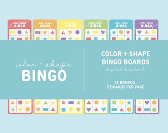 Colors + Shapes Bingo - Digital Download Only - Color and Shape Recognition - Preschool Games - 12 Bingo Boards