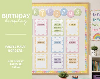 Birthday Display - Digital Download - Pastel Wavy Borders - 12 Months (2 Sets) - Classroom Decor - Edit on Canva