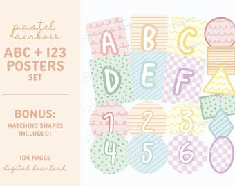 Pastel Rainbow ABC + 123 Posters - Digital Download Only - 1-20 (x2) A-Z (x2) - Rainbow Colors & Patterns - Classroom Decor - Bonus Shapes