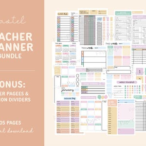 Puede incluir: Un paquete de planificador de profesor en colores pastel con varias páginas, incluyendo listas de clase, seguimiento de asistencia y horarios semanales. Incluye portadas y divisores de sección. La descarga digital tiene 105 páginas.