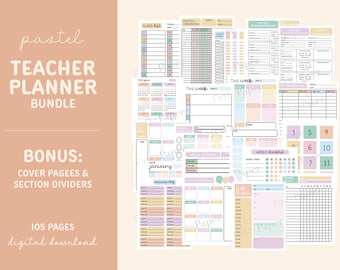 Pastel Teacher Planner Bundle- Digital Download Only - Lesson Plans - Classroom Forms - Undated Monthly /Daily - To do List - 105 Pages