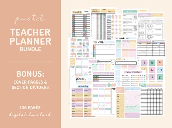 Pastel Teacher Planner Bundle- Digital Download Only - Lesson Plans - Classroom Forms - Undated Monthly /Daily - To do List - 105 Pages