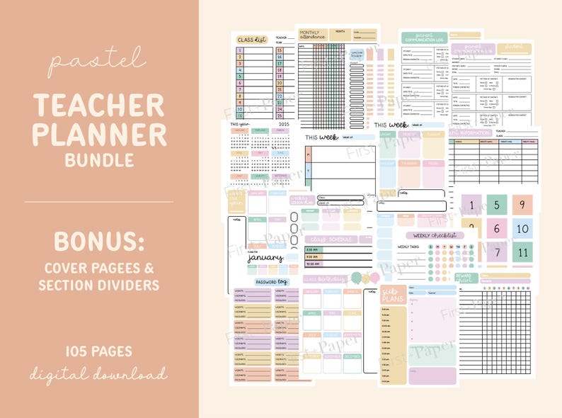May include: A pastel-colored teacher planner bundle with various pages, including class lists, attendance trackers, and weekly schedules. The bundle includes cover pages and section dividers. The digital download contains 105 pages.