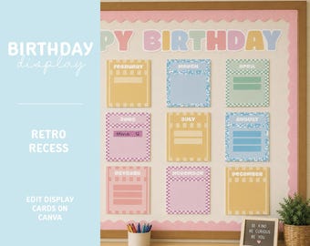 Birthday Display - Digital Download - Retro Recess Theme - 12 Months with Name Tags - Classroom Decor - Editable on Canva