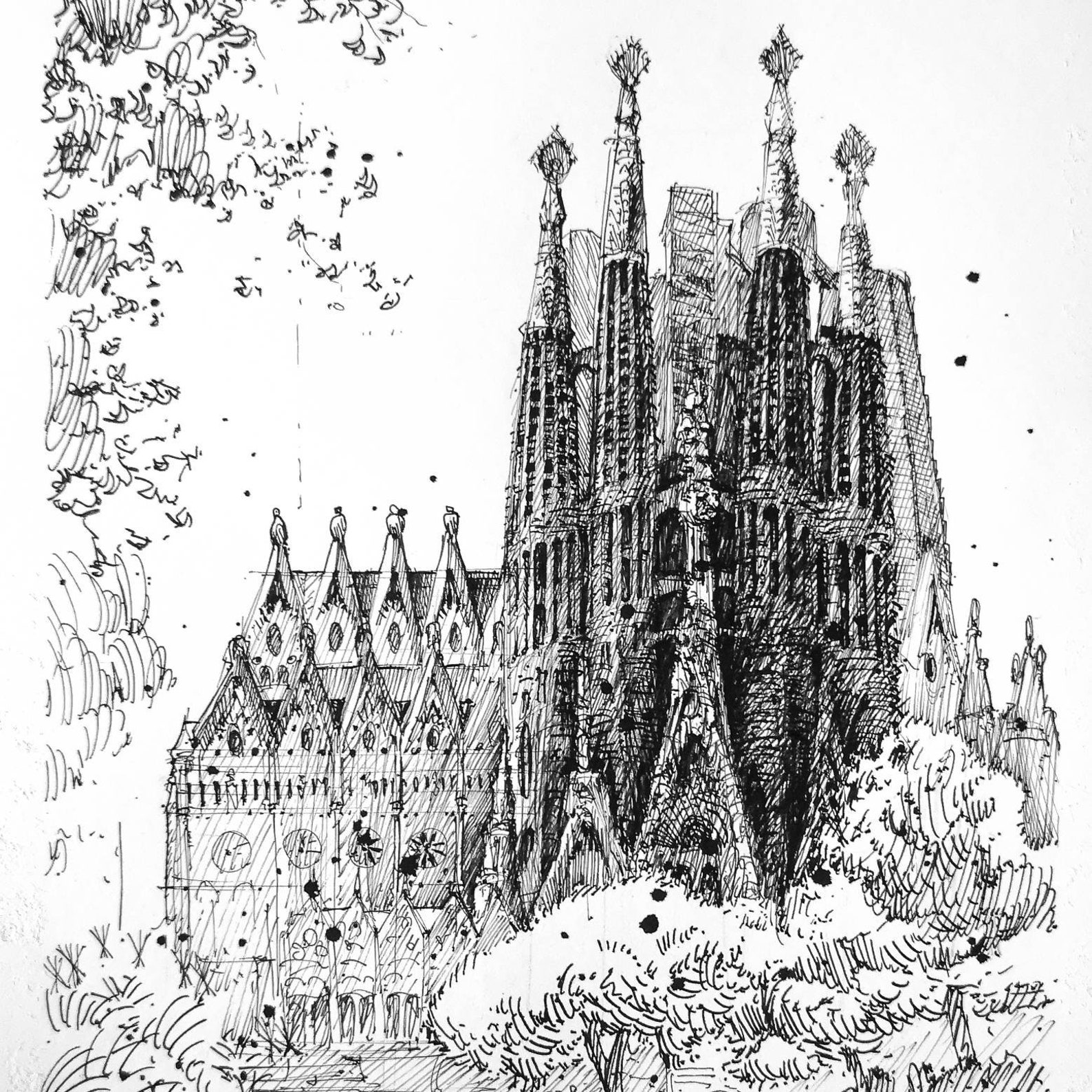 Sagrada Familia Barcelona Ink Drawing 2019 Etsy