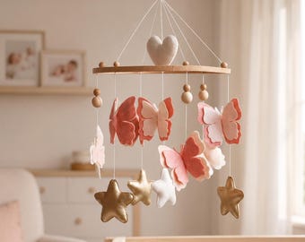 Pink Butterfly Baby Mobile Gold Nursery Decor Felt Crib Mobile