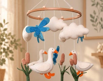 Goose Baby Mobile, Nature Nursery Decor, Botanical Felt Crib Mobile