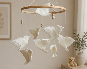Bird Baby Mobile Neutral Nursery Decor Felt Crib Hanging Beige Newborn Gift