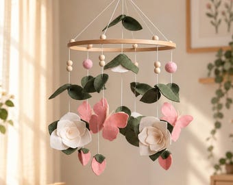 Floral Butterfly Baby Mobile, Botanical Nursery Decor, Felt Flower Crib Mobile