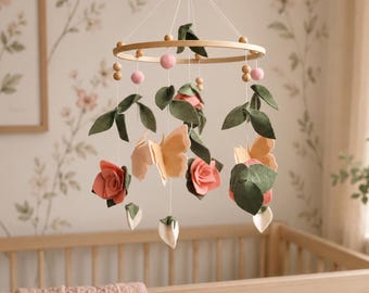 Butterfly Baby Mobile Botanical Nursery Decor Felt Flowers Crib Hanging Nature Gift