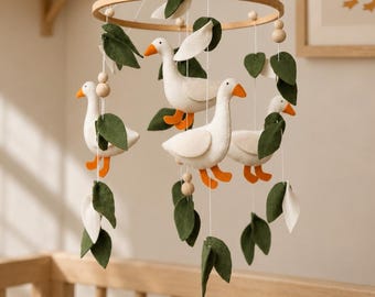 Goose Baby Mobile, Neutral Nursery Decor, Botanical Crib Hanging