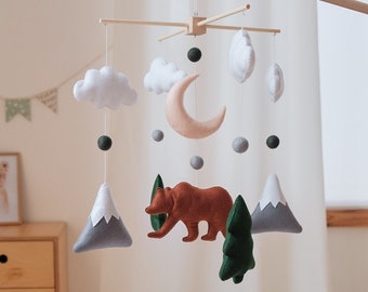 Woodland Baby Mobile – Forest Crib Decor – Mountain Bear Nursery – Neutral Baby Gift