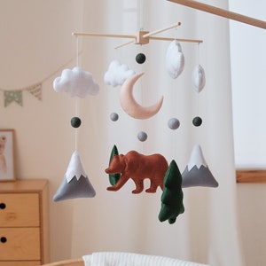 Woodland Nursery Mobile – Forest Crib Mobile – Green Baby Mobile – Mountain Bear Nursery Decor – Neutral Hanging Mobile for Baby Boy or Girl