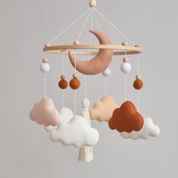 Mobile bébé en terre cuite, mobile de chambre de bébé nuage, mobile de lit de bébé pour chambre de bébé bohème, mobile en feutre, mobile suspendu bohème, mobile nuage