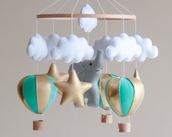 Elephant Baby mobile, Baby mobile neutral, Hot air Balloon mobile, Baby crib mobile, Felt mobile, Nursery mobile, Cot mobile