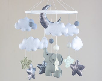 Mobile neutre pour lit de bébé, mobile éléphant, mobile pour chambre de bébé éléphant, mobile suspendu monochrome, cadeau de baby shower, mobile pour lit de bébé nuage