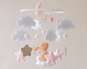 Mobile pour bébé lapin, mobile pour berceau, mobile pour bébé fille, mobile pour chambre de bébé nuage, mobile pour lit de bébé fille, mobile en feutre, cadeau nouveau-né, mobile pour lit de bébé