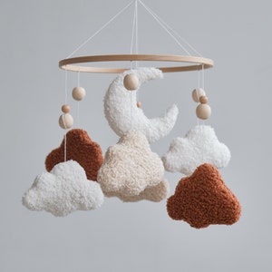 Boucle clouds and moon baby mobile, Neutral nursery mobile, Cloud nursery decor, Baby shower gift, Minimalist nursery mobile, Crib mobile