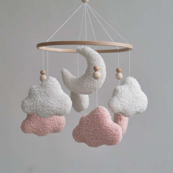 Boucle cloud baby crib mobile, Baby mobile girl, Cloud nursery decor, Baby shower gift, Crib mobile, Hanging mobile, Boho baby mobile