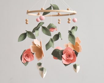 Floral Butterfly Baby Mobile, Felt Flower Crib Decor