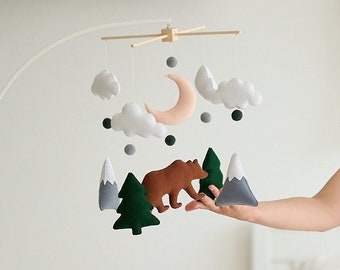 Baby forest mobile, Woodland nursery mobile, Mountain neutral crib mobile, Bear woodland baby mobile, Hanging mobile, Baby shower gift