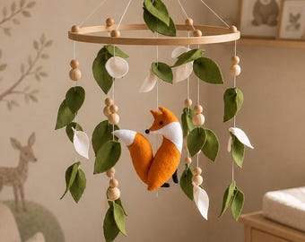 Fox Baby Mobile – Neutral Nursery Decor, Woodland Felt Crib Mobile with Forest Leaves