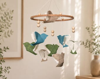 Felt Bird Baby Mobile, Neutral Nursery Decor, Colorful Crib Hanging