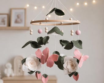 Baby Mobile Flowers Butterflies Felt Nursery Mobile Neutral Crib Decor