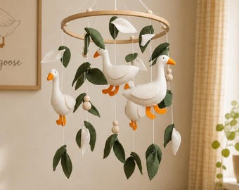 Botanical Nursery Mobile, Felt Goose Crib Decor, Neutral Baby Room
