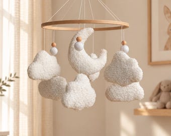 Neutral Nursery Baby Mobile – Boucle Clouds and Moon, Handmade Minimalist Crib Decor