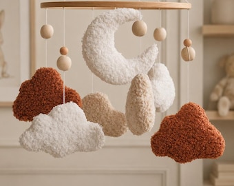 Bouclé Cloud Baby Mobile, Neutral Nursery Crib Decor, Moon and Clouds