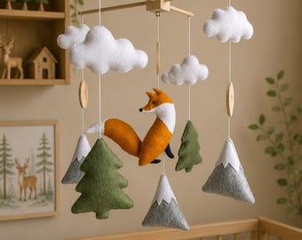 Woodland Nursery Mobile, Felt Fox Crib Decor, Forest Baby Room