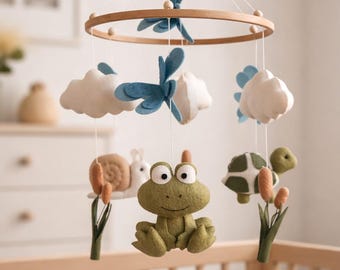 Nature Nursery Baby Mobile with Frog, Turtle, Snail and Dragonflies, Handmade Felt Decor
