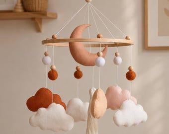 Cloud Baby Mobile – Neutral Nursery Decor, Terracotta Felt Crib Mobile with Moon