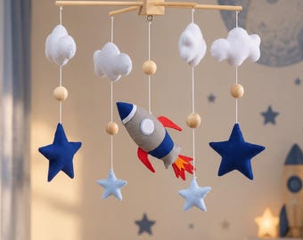 Space Baby Mobile with Rocket, Stars and Clouds, Felt Celestial Nursery Decor