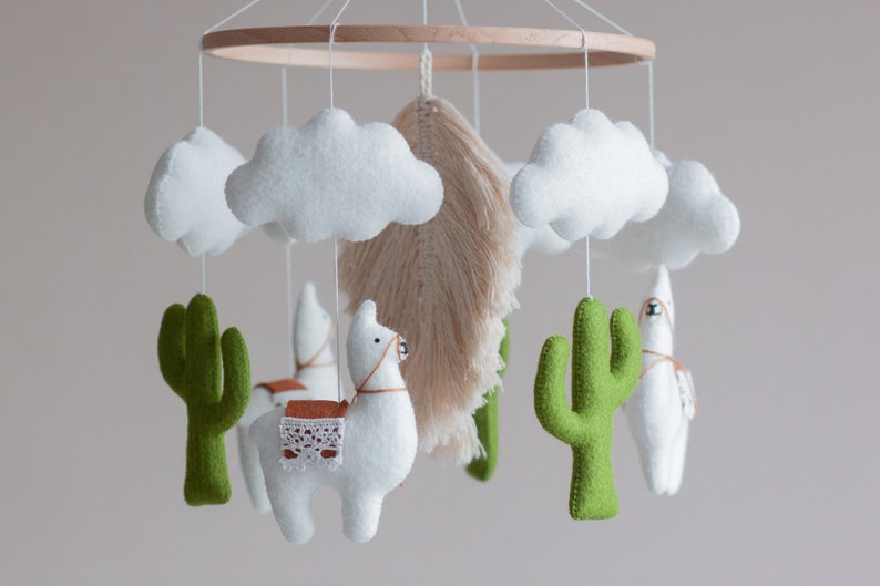 Baby mobile neutral, Boho nursery, Baby crib mobile, Llama Cactus mobile, Baby mobile, Boho mobile, Macrame mobile, Felt mobile image 2