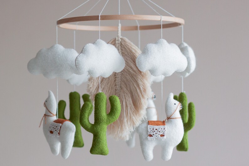 Baby mobile neutral, Boho nursery, Baby crib mobile, Llama Cactus mobile, Baby mobile, Boho mobile, Macrame mobile, Felt mobile image 1