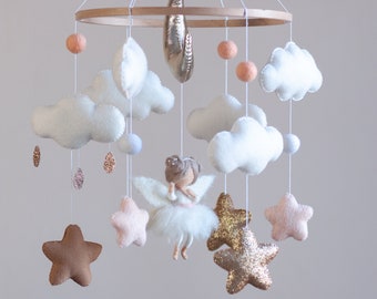 Baby mobile girl, Fairy mobile, Nursery mobile, Wool Fairy, Baby crib mobile, Baby girl nursery decor, Crib mobile, Cloud mobile