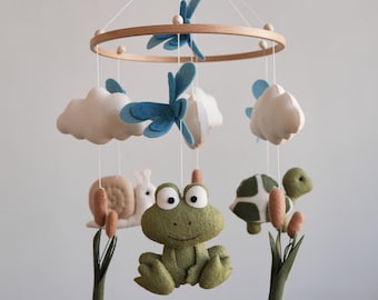 Handmade Woodland Baby Mobile: Frog, Turtle, Snail, Neutral Nursery